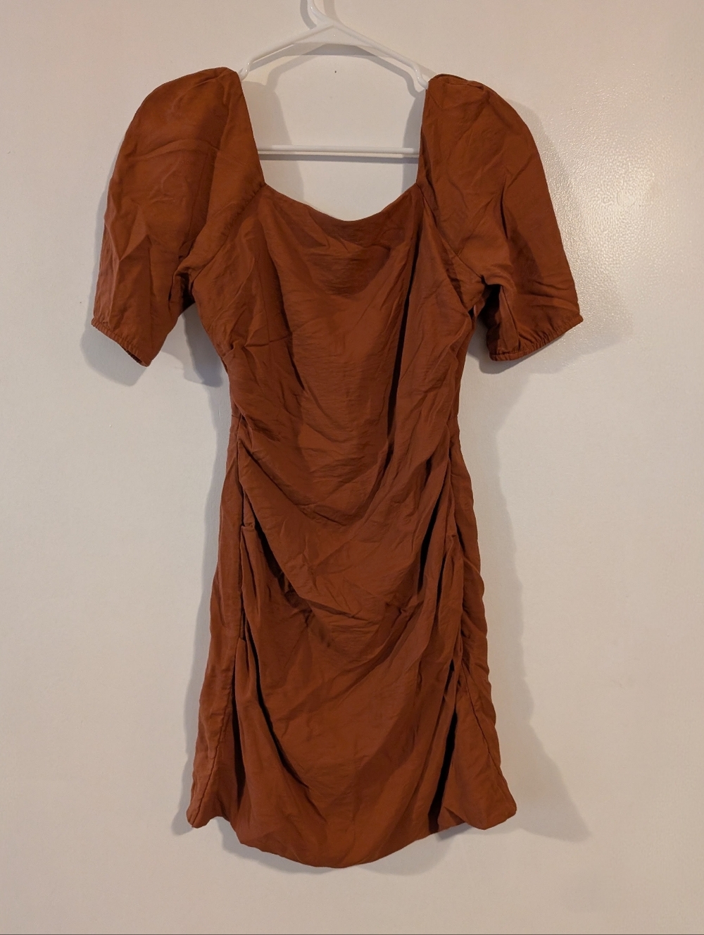 Altar'd State Rust Puff Sleeve Ruched Mini Dress